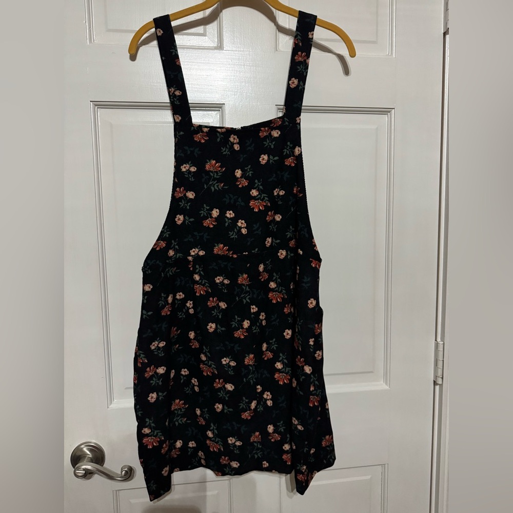 Black floral overall zip front dress, mini length…bought from SHEIN, never worn